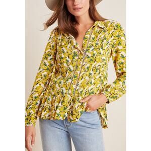 Maeve by Anthropologie Janie Flounced Peasant Blouse Yellow Rabbit Print Size 4